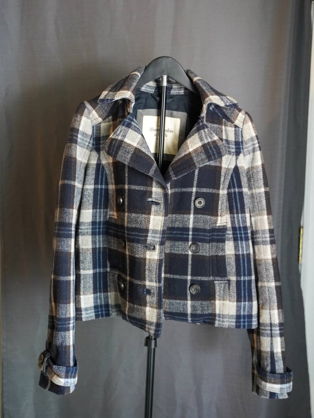 Abercrombie & Fitch Vintage Plaid Wool Blend Double Breasted PeaCoat Size Small